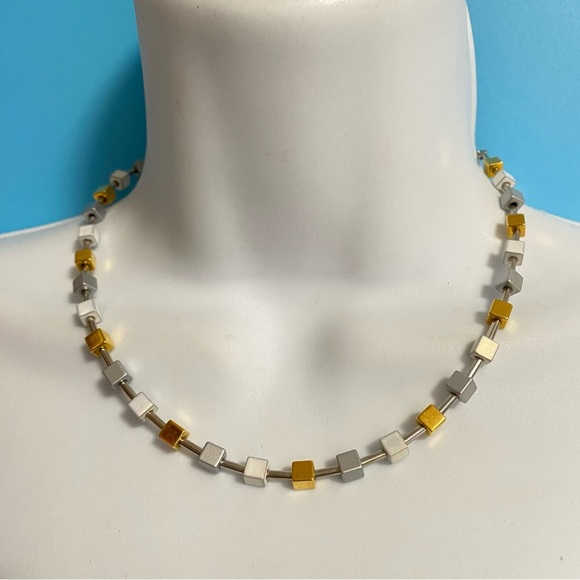 Mixed Metal Square Beads Necklace Gold & Silver Tone - Picture 4 of 6